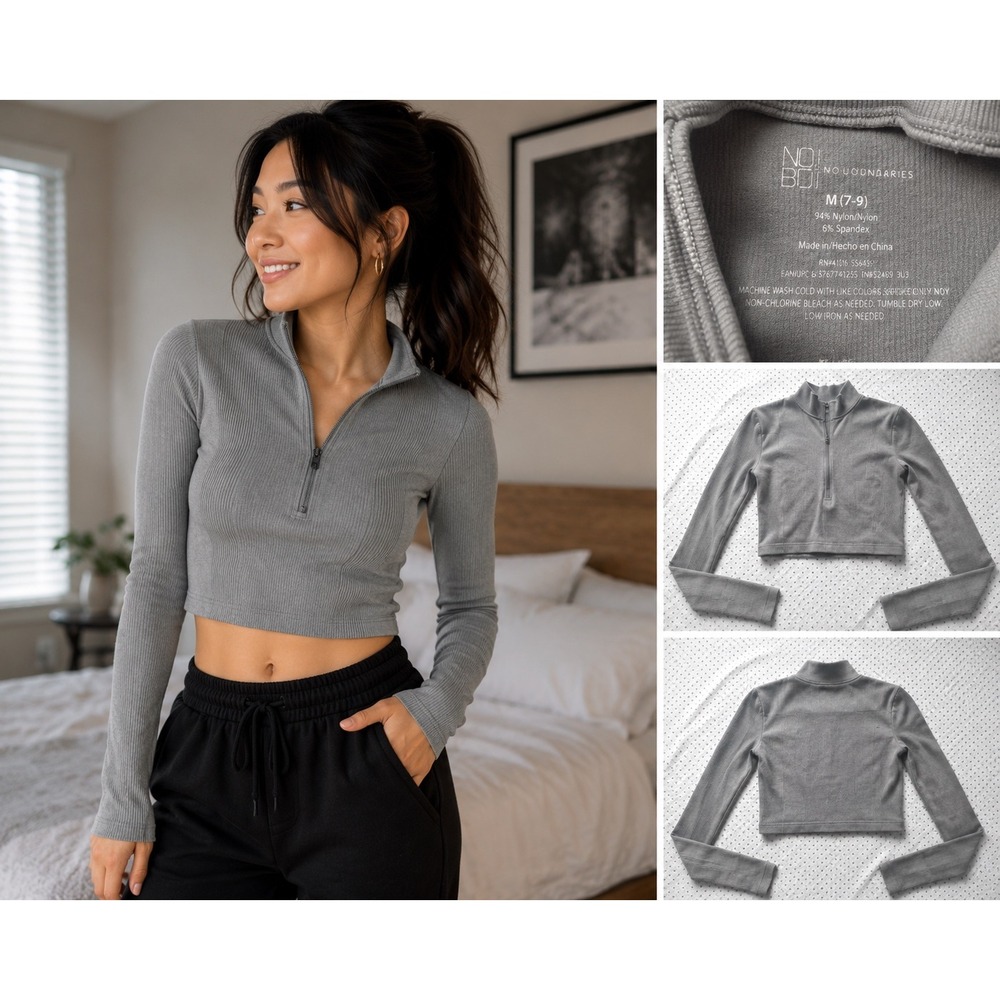 Grey Ribbed Quarter Zip Long Sleeve Crop Top Juniors M Women XS